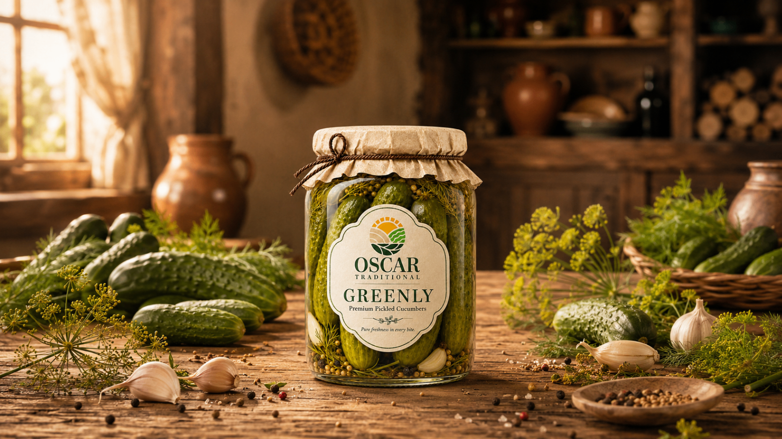 Oscar Greenly collection styled with cucumbers, dill, and garlic