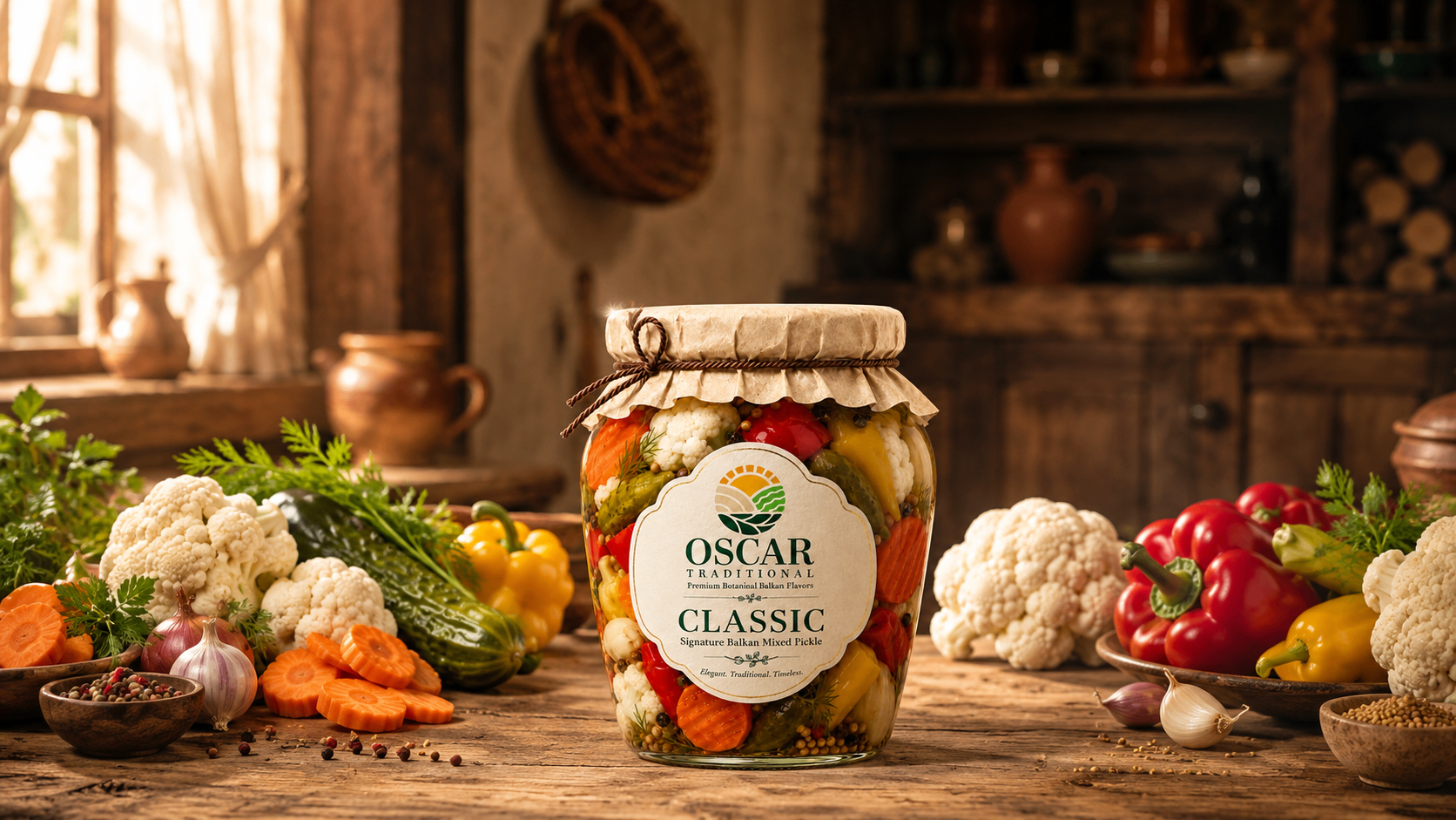 Oscar Classic collection styled with fresh vegetables and warm Balkan kitchen details